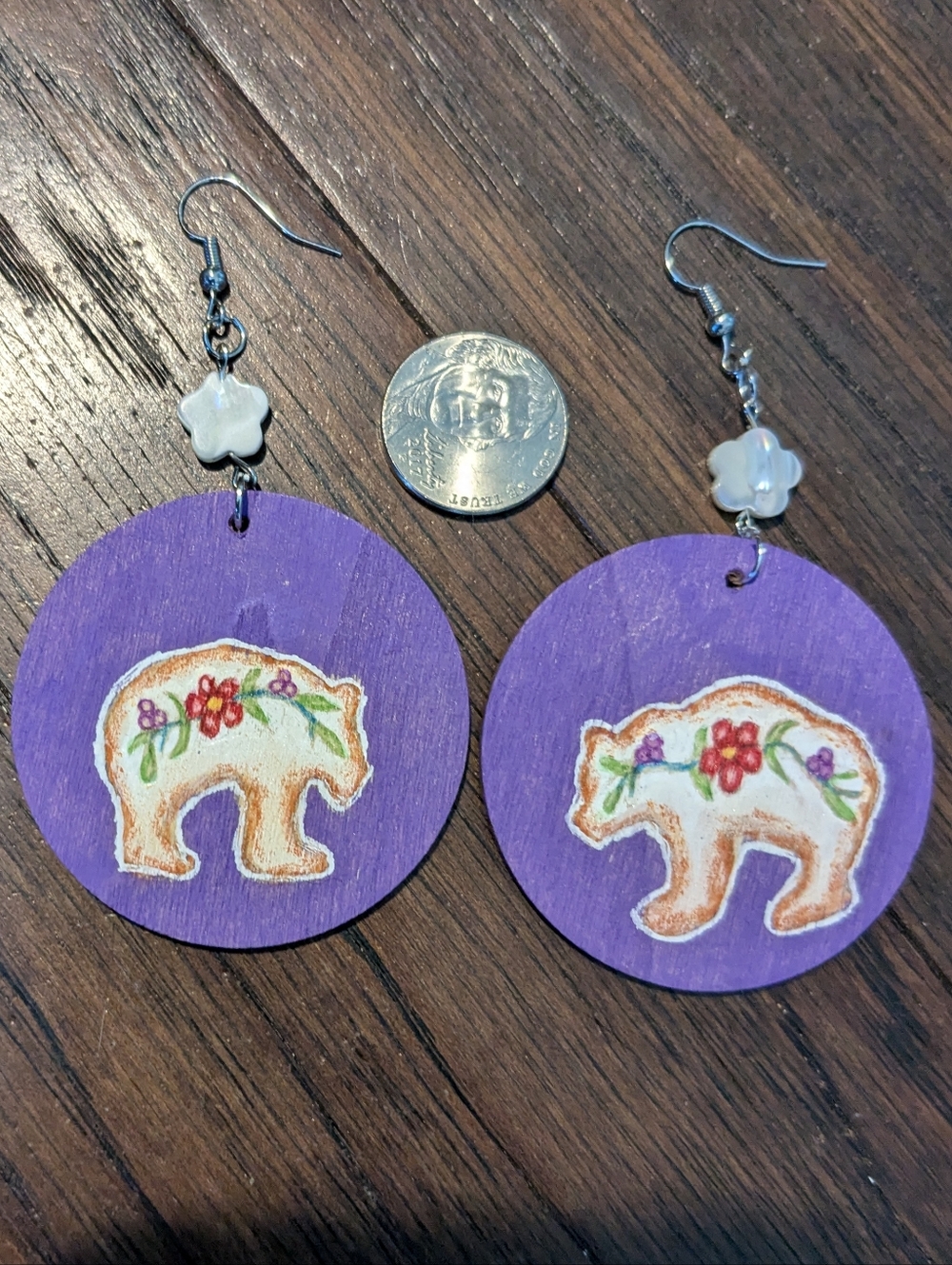 Purple Wooden Bear Earings With Native American Flowers